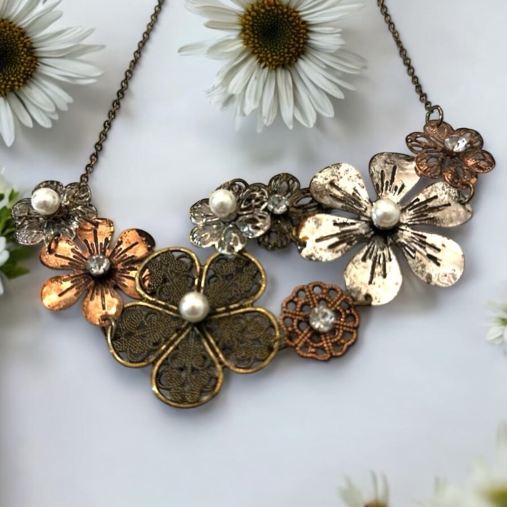 Mixed Metal Floral Statement Necklace Bold Layered Chain Crystals Avant Garde